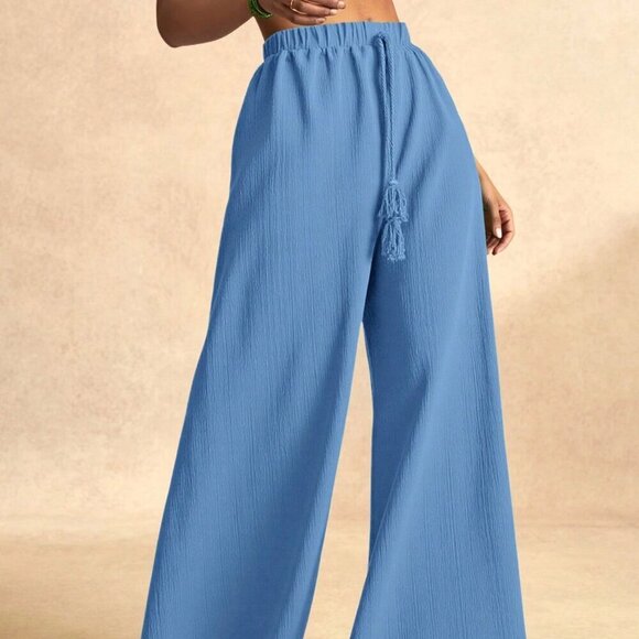 Blue Casual Women's Full Length wide legging flowy Pants - Picture 5 of 7